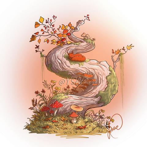 Dessin numérique représentant un tronc d'arbre en zigzag couvert de mousse et de champignons.