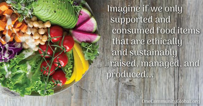 A colorful bowl filled with fresh vegetables including lettuce, cherry tomatoes, chickpeas, avocado slices, sweet potatoes, yellow peppers, and radishes placed on a wooden surface. The text on the image reads, “Imagine if we only supported and consumed food items that are ethically and sustainably raised, managed, and produced,” promoting sustainable and ethical food practices and highlighting Bitter Melon as a nutritious, eco-friendly vegetable option.