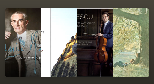 A screenshot of various muted-color album covers stacked, slightly askew. The covers represent artists in the mentioned sountrack, including Maurice Ravel and John Lennon.