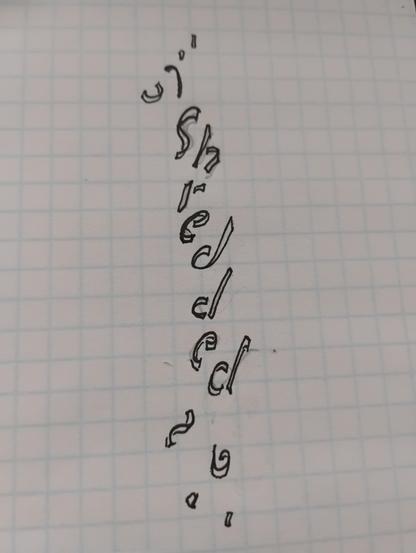 Doodle of wood shavings falling spelling the word "Shredded"