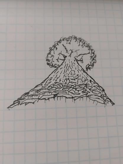 Doodle of a giant tree with a visual perspective as if you are at the base staring up the trunk to its leaves.