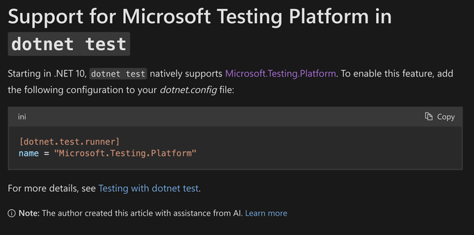 dotnet.config sample for Microsoft Testing Platform