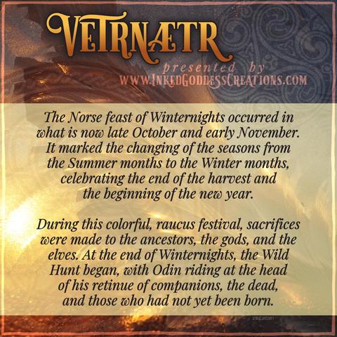 A frosty surface is in the foreground of a setting sun and is accented by a Norse-style knotwork shield design. The text details the origin of the Norse feast of Winternights, also called Vetrnaetr, and outlines its traditional observance. Presented by Inked Goddess Creations.