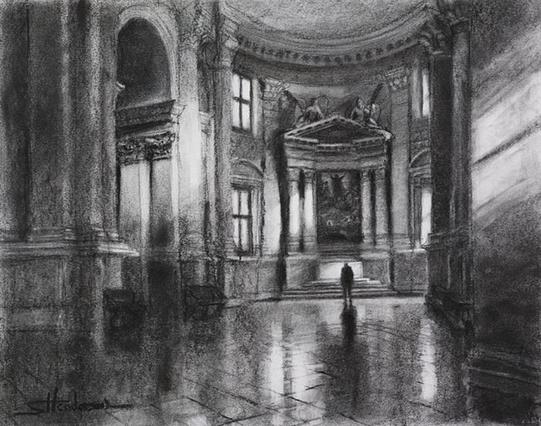 Art print of an original charcoal drawing depicting the majestic interior of a cathedral in Venice, Italy.