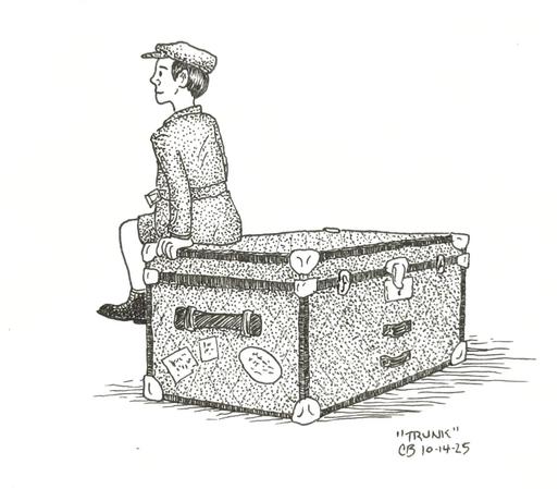 Ink drawing of a young boy from maybe the early 1910's wearing a cap, coat, short pants, and black high-top shoes, sitting on a large steamer trunk. A young immigrant, looking for a new home.