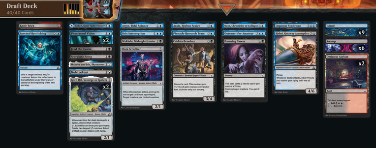OM1 Pick-Two Draft deck

Knife Trick (Pumpkin Bombardment)
Spectral Restitching (Hide on the Ceiling)
Goben, Gen-Splice Savant (Norman Osborn)
2x Phantasmal Vision (Mysterio's Phantasm)
Feed the Swarm
Scorpion's Sting
Makdee and Itla, Skysnarers (Spider-Woman, Stunning Savior)
Mob Lookout
2x Goro Rel, Scourge to Spiders (Spider-Slayer, Hatred Honed)
Argyr, Tidal Spinner (Spider-Byte, Web Warden)
Drix Interception (Amazing Acrobatics)
Wekhdu, Midnight Hunter (Swarm, Being of Bees)
Data Scrubber (Mechanical Mobster)
Arala, Hedron Scaler (Beetle, Legacy Criminal)
Pinnacle Research Team (Oscorp Research Team)
Caldaia Brawlers (Inner Demon Gangsters)
Ozor, Chronicler of Collapse (Doc Ock, Sinister Scientist)
Outsmart the Amateur (School Daze)
Damning Caress (Venom's Hunger)
Impostor Syndrome
Rishei, Getaway Accomplice (Vulture, Scheming Scavenger)

9 Island
6 Swamp
2 Ominous Asylum
