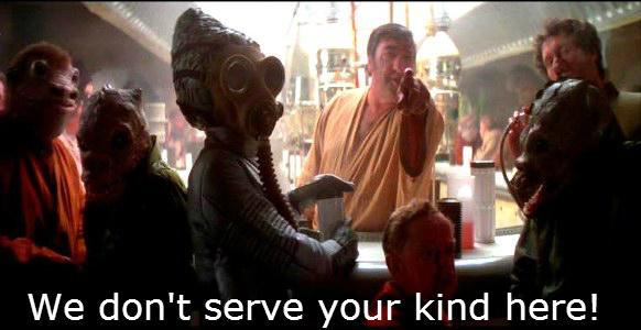 Star Wars Cantina Scene, bartender saying, "We don't serve your kind here" as he points at the droids.
