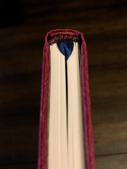 The photo is zoomed in on the edge of the book and the hand sewn endband, which is made with red and blue silk, sewn to create a stripe pattern of the two colors. 