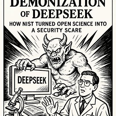 A black and white line art illustration showing a demonic figure (purportedly  the NIST in this context), a computer monitor showing the word "DeepSeek", a scared-looking scientist and a microscope. Designed and executed by ChatGPT 4o.