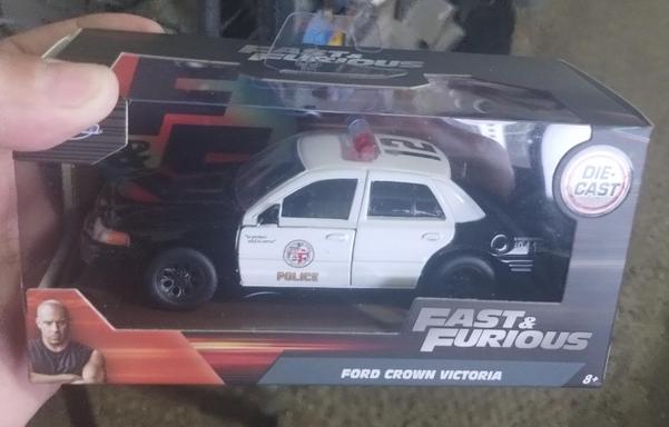 Diecast Fast and Furious CVPI Ford Crown Victoria (Crown Vic) black and white police cruiser. 