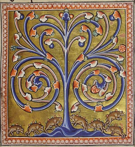 On a gilt background in a red frame, beneath an incredibly stylised blue true with red fruit, a line of tiny brown piglet-like hedgehogs is gathering red round fruit on their spines. The hedgehogs are unusually long-legged and their spikes are rather thin and sparse. Image from Aberdeen University Library, Univ. Lib. MS 24 (Aberdeen Bestiary), folio 24r.