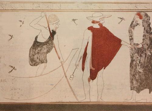 Vase painting on a white background. Hermes in a bright red chlamys cloak guides the soul of a dead woman towards the bark of Charon. Hermes is bearded and carries his kerykeion staff and wears a broad-rimmed petasos, a traveller's hat, on his head. Charon is dressed in a black, knee-length exomis that leaves his right breast bare. He also wears a hat. The deceased woman wears a long black himation around her body and as a veil.