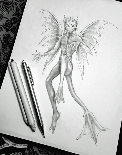 Pencil sketch of a (reimagined “sea monkey”) aquatic alien creature by Kmac with two pencils and a blending stump in the foreground. 
The alien has fin-like wings, webbed hands/webbed feet, a long tail with a trident-like point, fin-like ears, and a humanoid torso with an exposed ribcage-like filter gills.