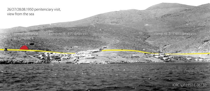 Gyaros Island of Exile - Penitentiary camps nr.2 and 3, view from the sea, ICRC, 13.06.1948