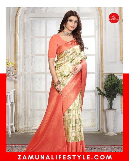 Close-up of the saree’s silk fabric showing rich texture, intricate floral digital print work, and vibrant orange hue that reflects premium quality craftsmanship.