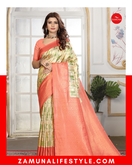 Model gracefully draped in ZAMUNA’s orange silk saree, styled with statement jewelry and minimal elegance, symbolizing cultural pride and premium fashion.