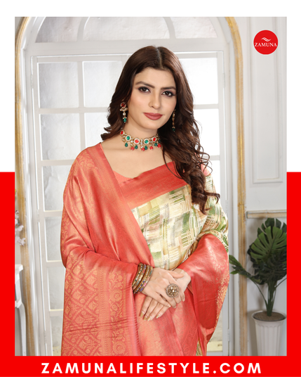 A luxurious orange silk saree by ZAMUNA, displayed elegantly with soft lighting, representing timeless Indian craftsmanship and modern digital artistry.