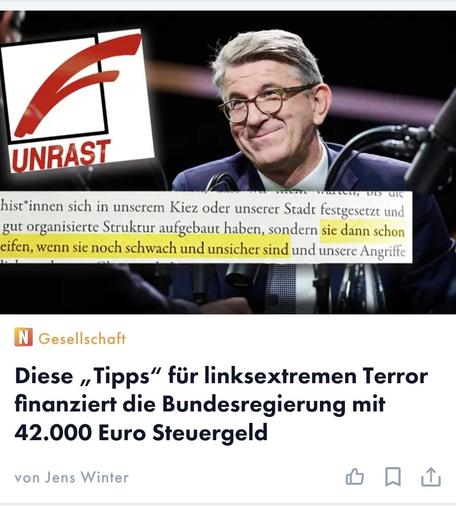 Screenshot eines Artikels von Jens Winter bei Nius.de

"Diese" Tipps" für linksextremen Terror finanziert die Bundesregierung mit 42.000€ Steuergeld "