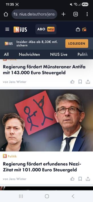 Noch zwei Artikel bei Nius

"Regierung fördert Münsteraner Antifa mit 143.000 Euro Steuergeld"

Und

"Regierung fördert erfundenes Nazi-Zitat mit 101.000 Euro Steuergeld"