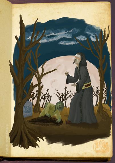 Digital hand drawing of a necromancer summoning a corpse from a graveyard. The full moon in the background and some scrawny trees cuts the light from the moon. 