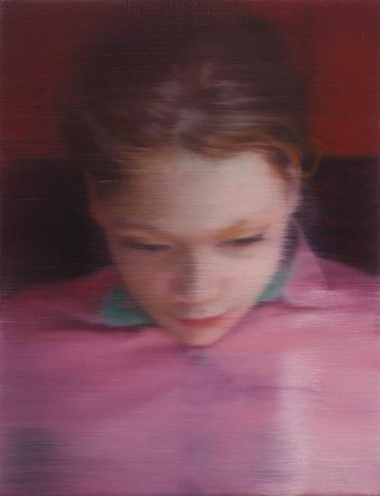 Young girl looks down in bright pink and red colors. The painting looks realistic yet it is blurred as if a photograph where the subject moved while being photographed.