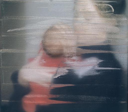 A portrait of a woman in black with a little child in red, abstracted by the strokes that mimic damage to an analog photo
