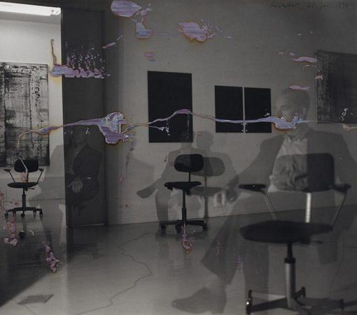 A painting of a superimposed image of a man sitting in the same pose on three different chairs across the room. In the foreground, there are painted signs that mimic damage to an analog photo.