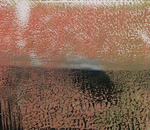 Dark landscape in the background mixed with abstract splashes of red paint in front, mimicking a chemical damage to an analog photo