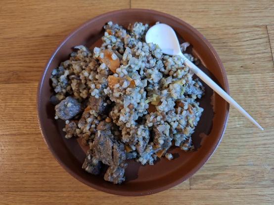 Das Foto zeigt "Puls", einen Getreide-Hülsenfrüche-Brei nach altrömischem Rezept, verfeinert mit Gemüse und Fleisch und stilecht präsentiert auf einem Terra-Sigillata-Teller