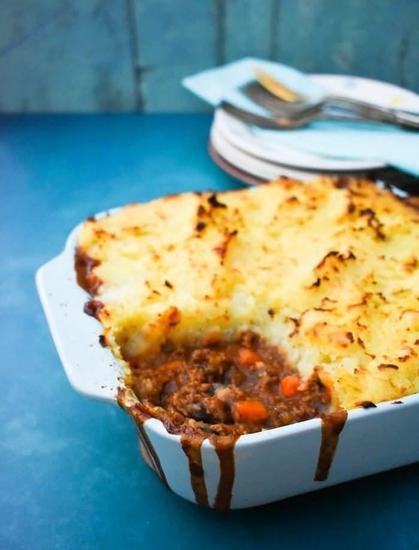 Vegan shepherd's pie in a casserole dish.