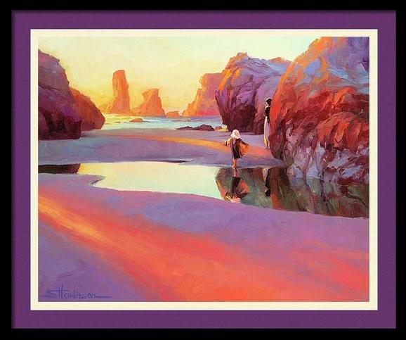Framed print of an original oil painting depicting a woman standing by a boulder, looking out to sea, and a little girl jumping into a large puddle.