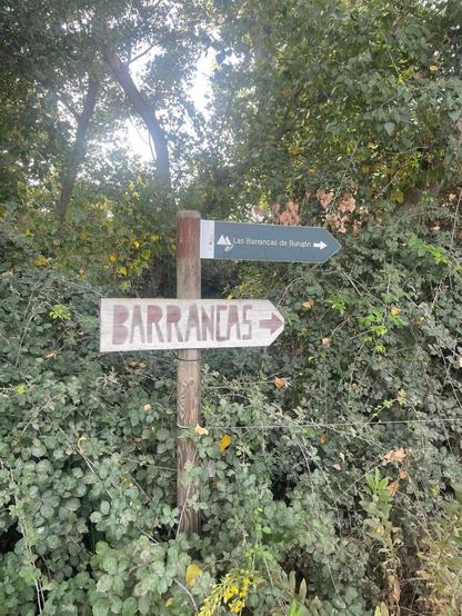 Dos señales de madera sobre un poste indicando la dirección hacia las barrancas de Burujón