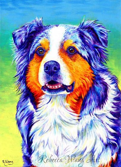A colorful painting of a blue merle Australian shepherd dog in bright rainbow colors.