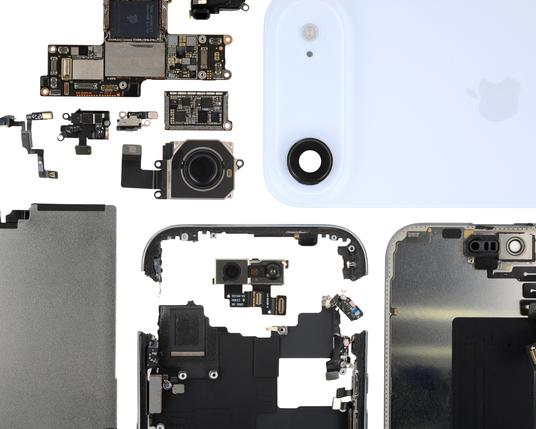 A neatly arranged teardown layout of the iPhone Air, showing individual components including the logic board, cameras, speakers, Taptic Engine, and white back glass spread out on a white background.





