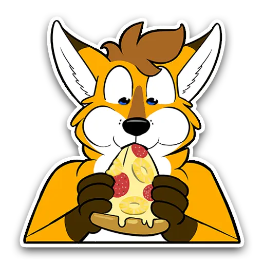 Foxbrush, an orange coloured anthropomorphic red fox with brown hair and blue eyes, is eating a slice of Pizza with pineapple and salami on it Foxbrush, an orange coloured anthropomorphic red fox with brown hair and blue eyes, is eating a slice of Pizza with pineapple and salami on it