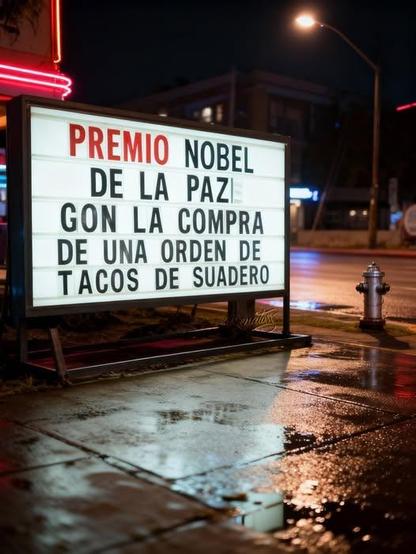 Foto de noche en una calle probablemente de EU, un anuncio luminoso pregona " PREMIO NOBEL DE LA PAZ CON LA COMPRA DE UNA ORDEN DE TACOS DE SUADERO" / Nighttime photo of a street, probably in the US, with a neon sign proclaiming “NOBEL PEACE PRIZE WITH THE PURCHASE OF AN ORDER OF TACOS DE SUADERO.” 