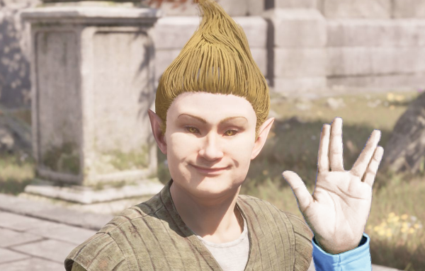 The Adoring Fan, a Bosmer from Oblivion, is flashing the Vulcan salute.