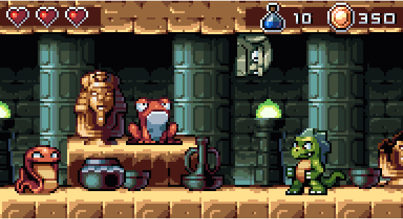 that's a modern pixelart reinterpretation of a Wonderboy/Monsterboy scenery in the pyramid, starring red snake, red frog, weird statue head and dragon dude.