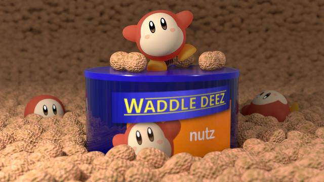3 waddle dees posing with a can of "Waddle Deez" brand nutz, surrounding by shelled peanuts.