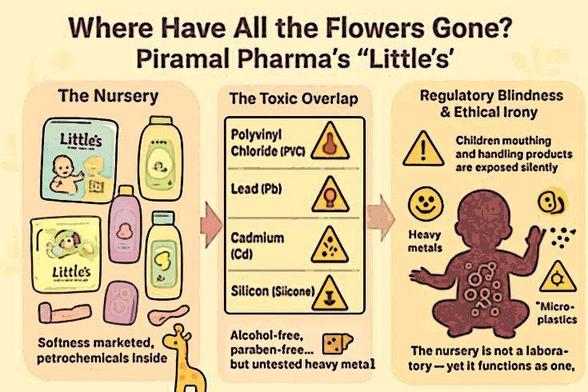 Tragedy and Dedication: Investigates deaths of 22 children from contaminated cough syrup in India, exposing systemic regulatory failure and negligence in pharmaceuticals.
Piramal Pharma’s “Little’s” Line: Critiques baby-care products (wipes, oils, shampoos, diapers, toys, “Jungle Magic” extensions) for masking toxic ingredients with “gentle care” rhetoric.
Health Risks: Highlights dangers from petrochemical-derived ingredients (talc, polypropylene, parabens, phenoxyethanol, superabsorbent polymers), including asbestos, endocrine disruption, microplastics, respiratory issues, and unverified pediatric safety.
Opaque Supply Chains: Notes reliance on Chinese imports (15% of raw materials), environmental pollution (e.g., Digwal), and lax regulation of non-pharmacological FMCG products.
Moral and Cultural Critique: Frames infancy as a battleground of postcolonial capitalism, with iatrogenic harm, false patriotism, and Anthropocene-driven toxicity (climate, microplastics).
Narrative Style: Blends poetic laments, folk songs, philosophical dialogues, and political-ecological critiques to underscore corporate exploitation of parental anxiety.
Data and Demands: Includes appendices on toy industry economics, material toxicities, and sourcing; calls for transparency, audits, pharmacovigilance, and societal reform to honor the lost children.