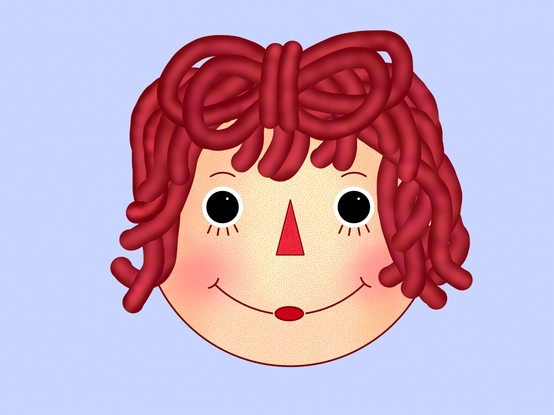 A drawing of a Raggedy Ann doll head.
