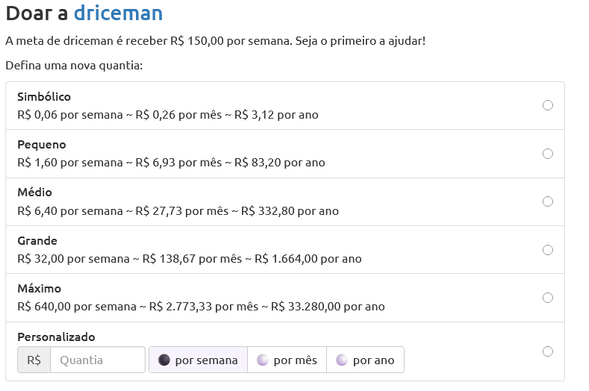 Valores para doação para DrIceman no Liberapay