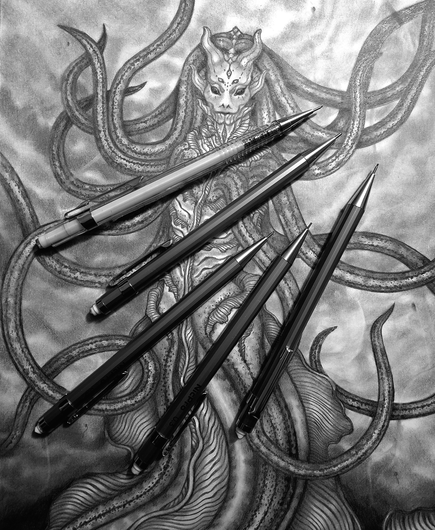 Black and white illustration by Kmac featuring a detailed, hand-drawn alien creature with a horned head, multiple eyes, and a tentacled form, overlaid with five mechanical pencils in varying sizes.