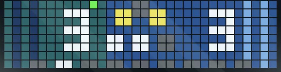 A grid of squares primarily in shades of blue, teal, and white, with a few squares in yellow and green, displaying a stylized representation of the numbers. The grid represents an awtrix device displaying the current state of a baseball game. 