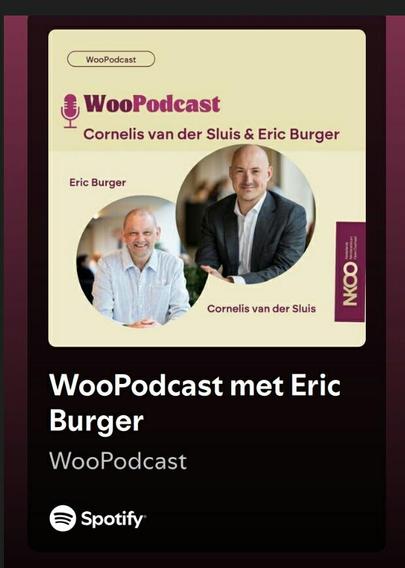 Afbeelding uit Spotify met foto's van Cornelis van der Sluis en Eric Burger en tekst Woo podcast met Eric Burger 