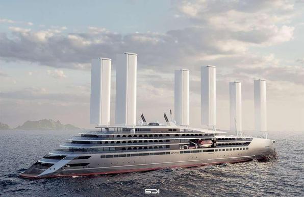 Image de synthèse du voilier où l'on aperçoit 6 ailes OceanWings