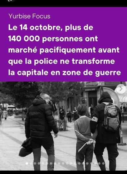 Je suis désolée, ce ne sera pas mon meilleur alt, il y a beaucoup de texte à retranscrire... Des images de violences policières liées à la manifestation du 14 octobre contre le gouvernement Arizona et ses mesures austéritaires en Belgique, et un long texte réparti sur les différentes images décrivant ces violences et leurs contextes.