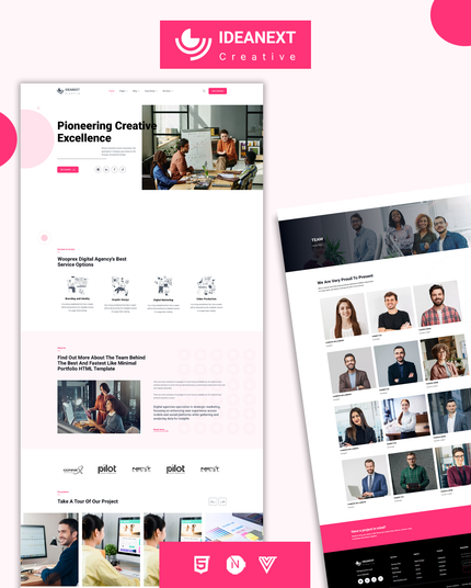 Screenshot of IdeaNext template homepage showing a clean, colorful, and modern layout for creative agencies and startups, with responsive design elements and bold typography.