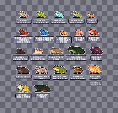 A set of pixel art frog sprites, with accompanying nameplates for each species / sub-species. The first row consists of : Gray Tree Frog , Green Tree Frog, Whites Tree Frog, Red Eyed Tree Frog, Coqui Frog. The second row consists of : Strawberry Poison Dart Frog, Blue Poison Dart Frog, Golden Mantella Frog, Turtle Frog, Tomato Frog. The third row consists of : Black Rain Frog, Desert Rain Frog, Budgett's Frog, Conraua Goliath Frog, Purple Frog. The Fourth Row consists of : Cane Toad, Spadefoot Toad, American Bull Frog, Banded Bull Frog, Pacman Frog. The Fifth and last row consists of : Indian Bull Frog, Surinam Toad.