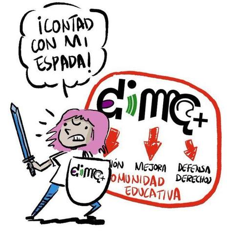 En la imagen, a la izquierda, una mujer con espada y escudo en actitud activa. En un bocadillo exclama ¡ Contad con mi espada ! En el escudo, el logotipo del colectivo DIME+. Al fondo, el mismo logotipo en un tamaño más grande. Debajo hay tres flechas: una señala la palabra Inclusión, otra la de Mejora y la última, Defensa Derechos.